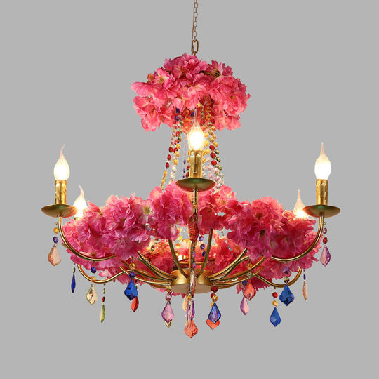 Matilde - Lustre en métal à fleurs roses en métal, lampe candélabre à 6 ampoules, plafonnier LED antique suspendu avec cristal suspendu