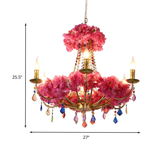 Matilde - Lustre en métal à fleurs roses en métal, lampe candélabre à 6 ampoules, plafonnier LED antique suspendu avec cristal suspendu