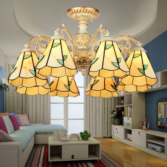 Rustic Leaf Chandelier With Curved Arms Available In 3-8 Lights And Beige Glass For Living Room