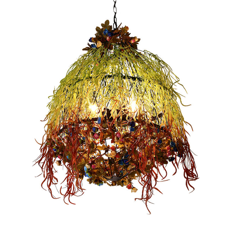 Homam - Green Metal Caged Chandelier with 4 LED Lights and Plant Decor