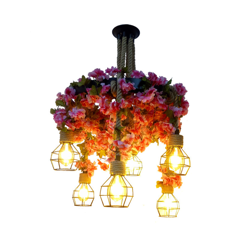 Nicole - Vintage Metal Pink Chandelier Light Bare Bulb 6 Bulbs Vintage LED Drop Pendant with Cherry Blossom