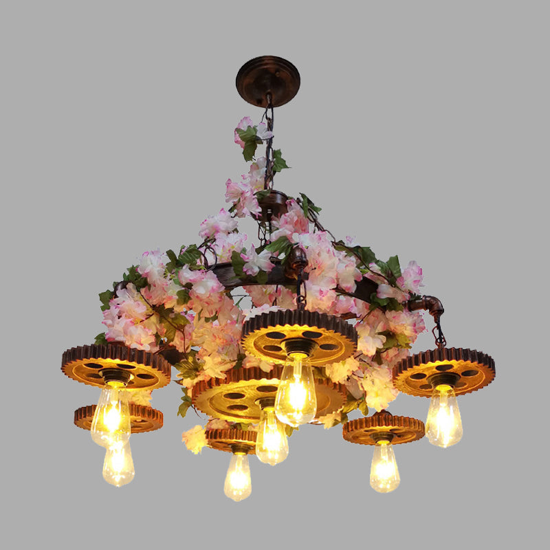 Fabienne - Pink Industrial Metal Bare Bulb Pendant Chandelier with Cherry Blossom