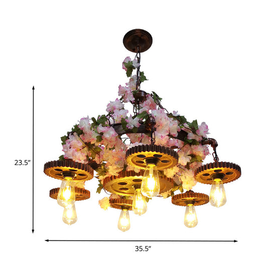 Fabienne - Pink Industrial Metal Bare Bulb Pendant Chandelier with Cherry Blossom