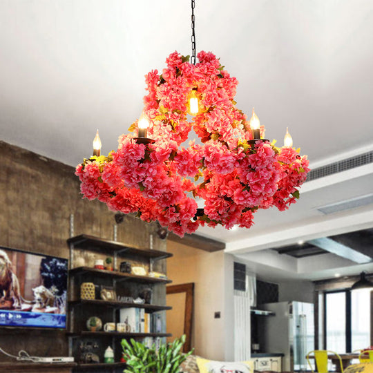 Cherry Blossom Chandelier: Antique Pink Metal Pendant Light with 7 LED Lights for Restaurants