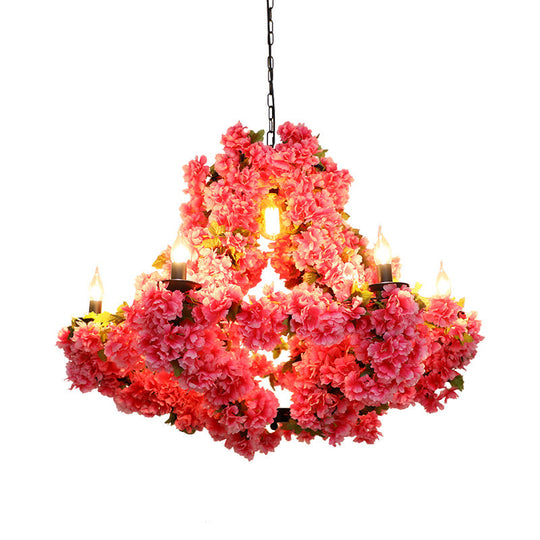 Cherry Blossom Chandelier: Antique Pink Metal Pendant Light with 7 LED Lights for Restaurants