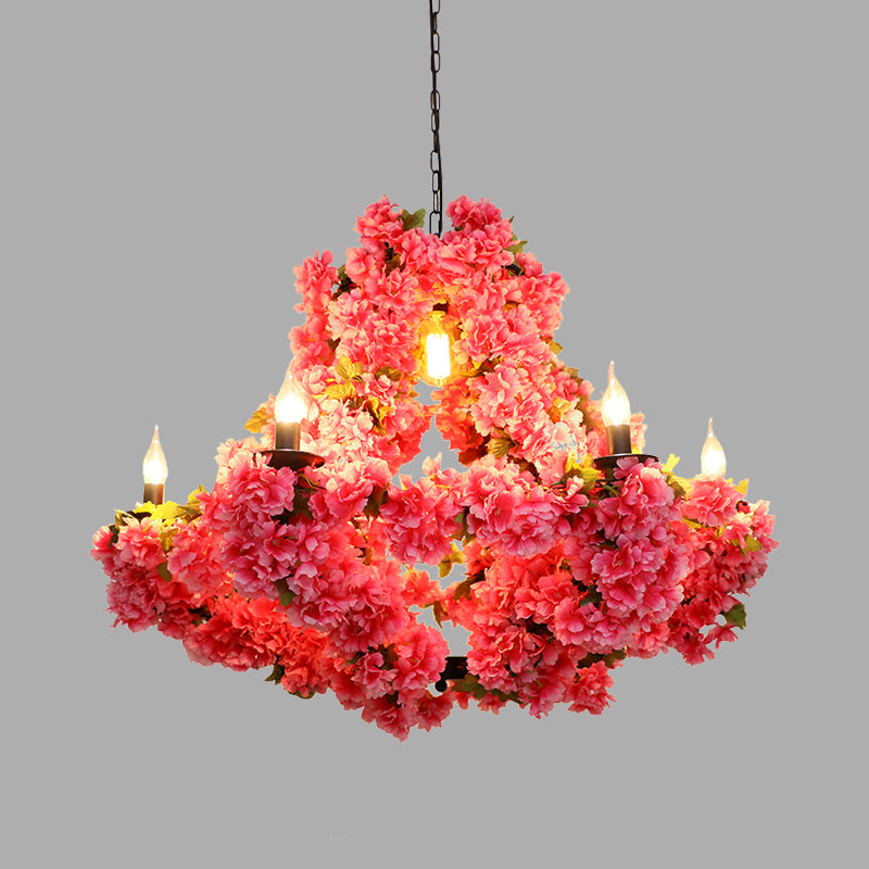 Cherry Blossom Chandelier: Antique Pink Metal Pendant Light with 7 LED Lights for Restaurants