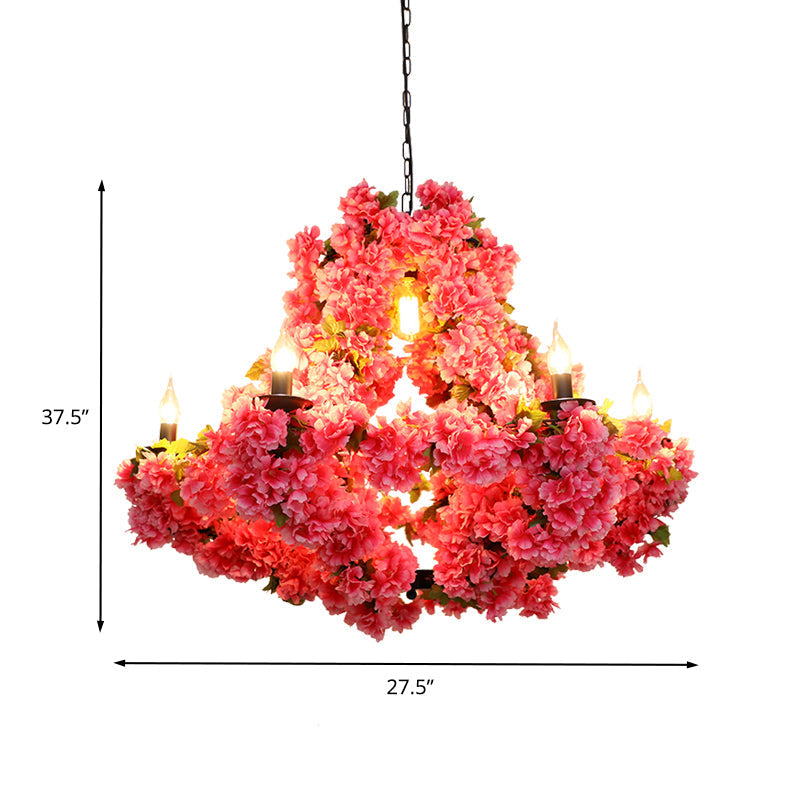 Cherry Blossom Chandelier: Antique Pink Metal Pendant Light with 7 LED Lights for Restaurants