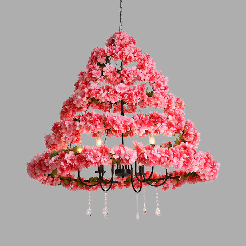 Cherry Blossom Chandelier: Industrial Metal 5-Bulb Pink Hanging Lamp with Crystal, 31.5"/43" Width