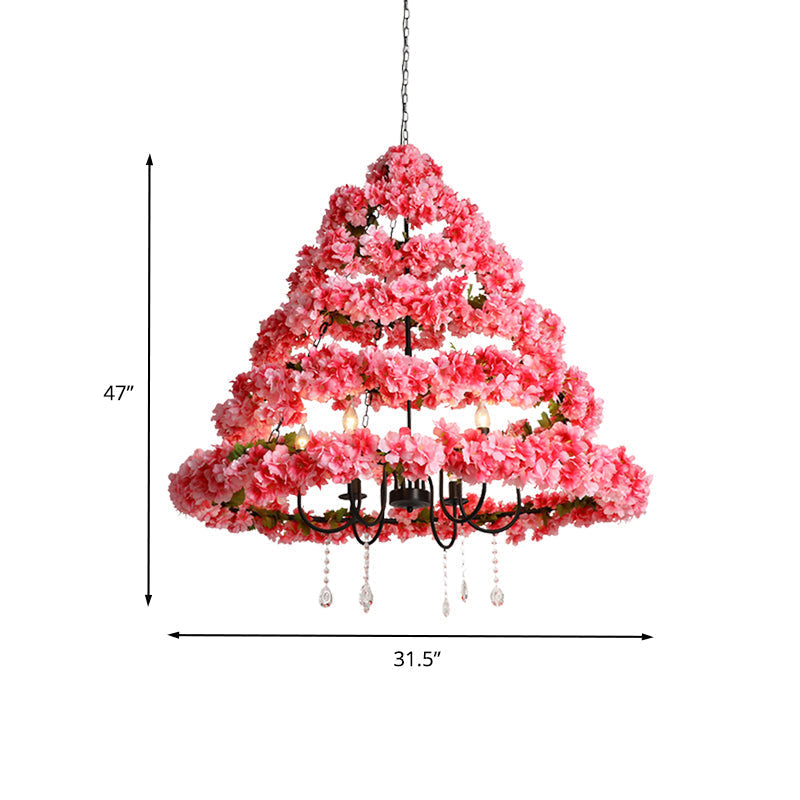 Cherry Blossom Chandelier: Industrial Metal Pink Hanging Lamp With Crystal 5 Bulbs 31.5/43 Width