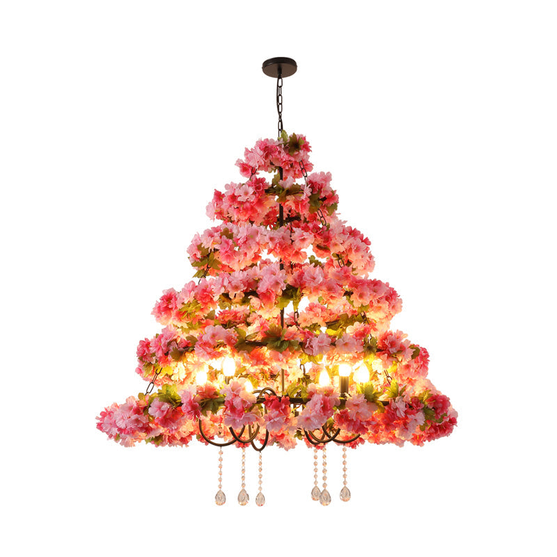 Metal Black Chandelier With Cherry Blossom Design And Crystal Draping - 6 Lights Retro Led Pendant