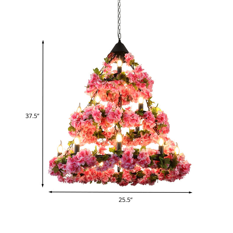 Vintage Metal 3-Tier Rose Pink Chandelier - 18 Heads LED Pendant with Flower Decor