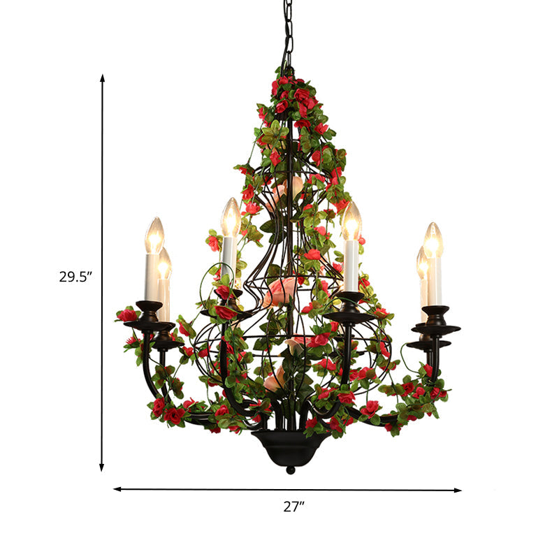 Industrial Metal Chandelier with 8 LED Lights for Restaurant - Black Finish with Flower Decor