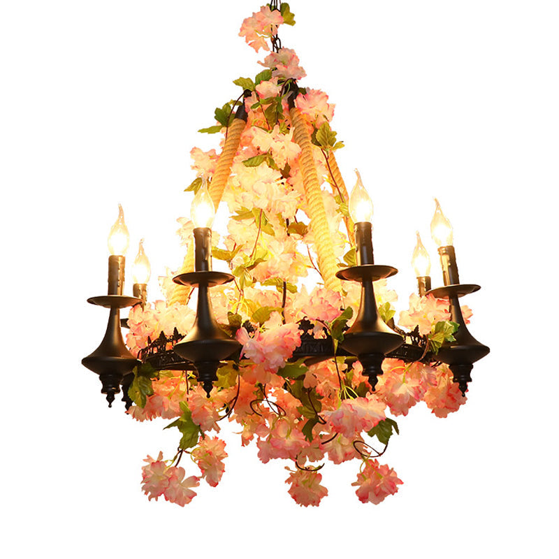 Antique Pink Metal Candle Chandelier - 6-Head LED Pendant Lamp with Cherry Blossom Design for Restaurants