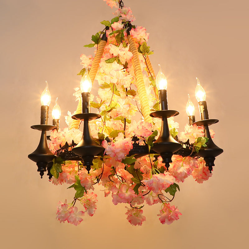 Antique Pink Metal Candle Chandelier - 6-Head LED Pendant Lamp with Cherry Blossom Design for Restaurants