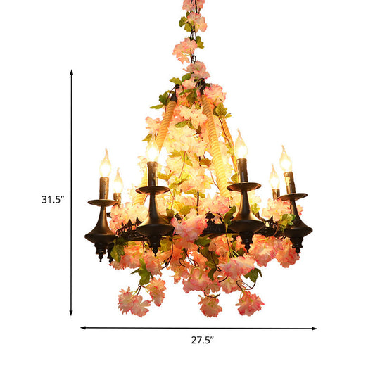 Antique Pink Metal Candle Chandelier - 6-Head LED Pendant Lamp with Cherry Blossom Design for Restaurants