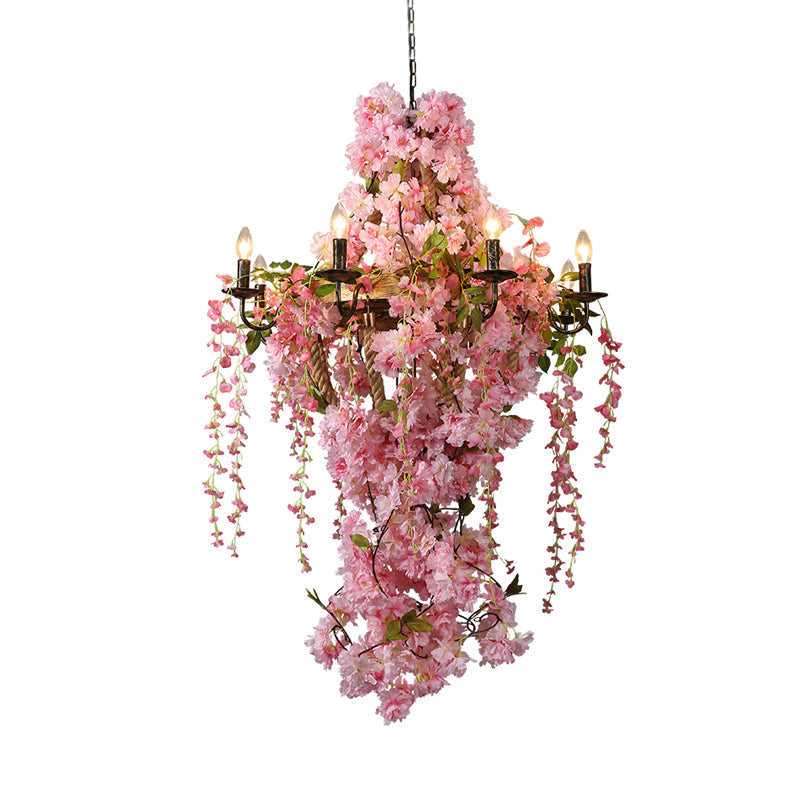 Pink Led Flower Candlestick Chandelier: Industrial Metal Hanging Lamp With 6/8 Bulbs