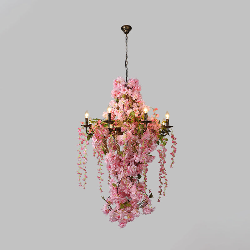 Industrial Metal Chandelier with Pink LED Flower Design - Candlestick Restaurant Light, 6/8 Bulbs