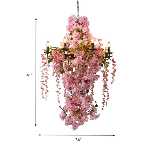 Industrial Metal Chandelier with Pink LED Flower Design - Candlestick Restaurant Light, 6/8 Bulbs