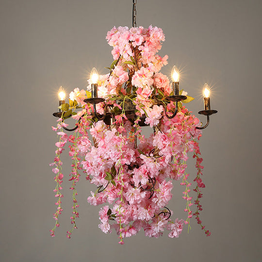 Industrial Metal Chandelier with Pink LED Flower Design - Candlestick Restaurant Light, 6/8 Bulbs