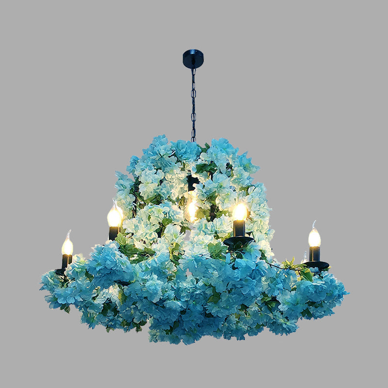 Blue Metal Candle Chandelier With Led Suspension Lighting & Cherry Blossoms - 6/8 Bulbs