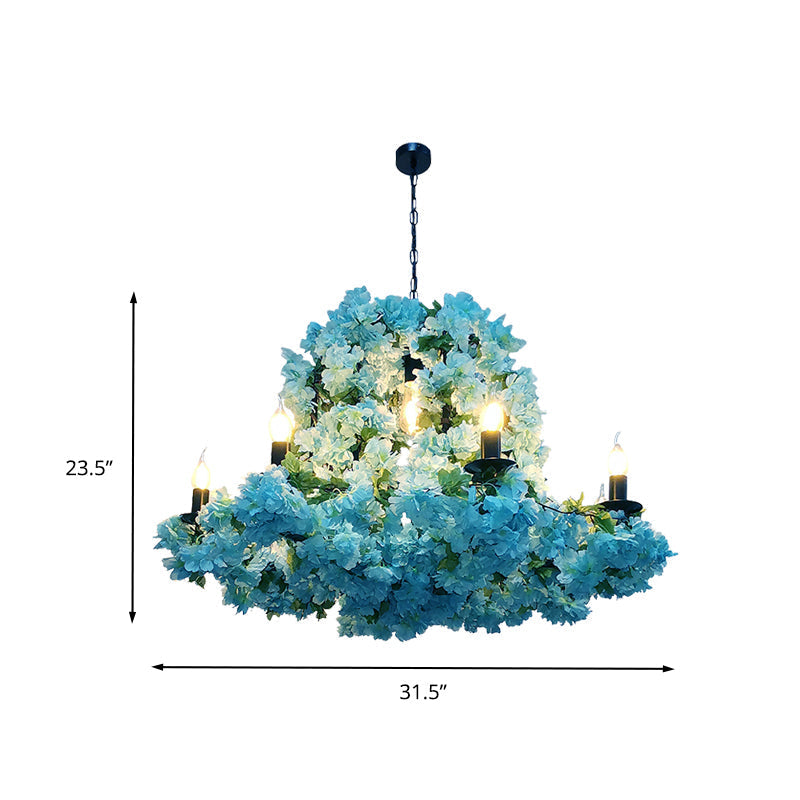 Blue Metal Candle Chandelier With Led Suspension Lighting & Cherry Blossoms - 6/8 Bulbs