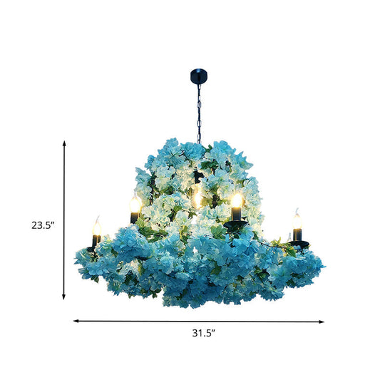 Blue Metal Candle Chandelier With Led Suspension Lighting & Cherry Blossoms - 6/8 Bulbs