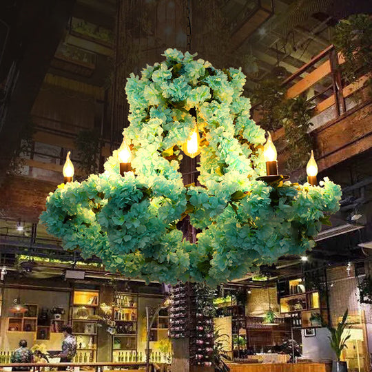 Industrial Blue Metal LED Candle Pendant Chandelier with Cherry Blossom Decoration - 6 Bulb Suspension Lighting Fixture