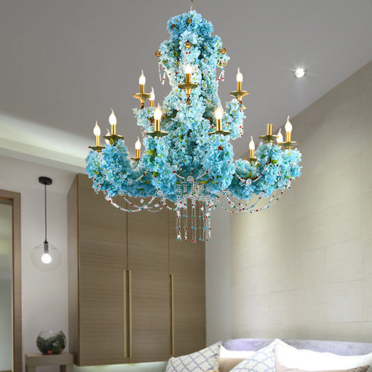 Vintage Blue Candelabra LED Chandelier Light with Crystal Accent - Metal, 12 Lights - Ideal for Restaurants & More