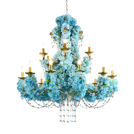 Vintage Metal Blue Candelabra Led Chandelier With Crystal Accent - 12 Lights For Restaurants &