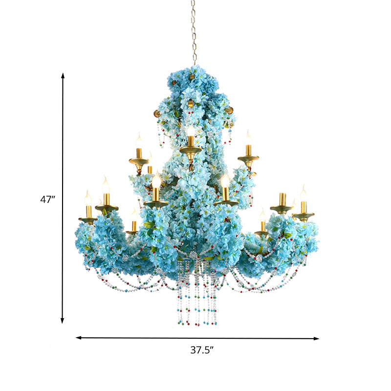 Vintage Blue Candelabra LED Chandelier Light with Crystal Accent - Metal, 12 Lights - Ideal for Restaurants & More