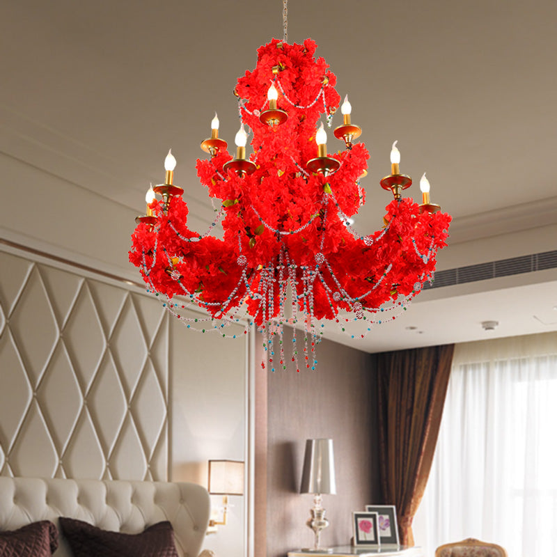 Red Metal Candle Pendant Chandelier With Crystal Accents - Antique Style 12 Bulbs Led Perfect For