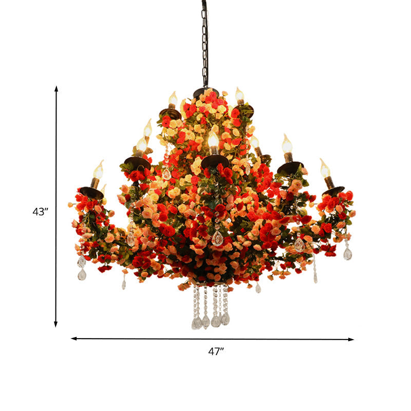 Nash - Lustre de restaurant à bougie rouge en forme de fleur en métal industriel à 15 ampoules avec éclairage LED rouge et accent en cristal