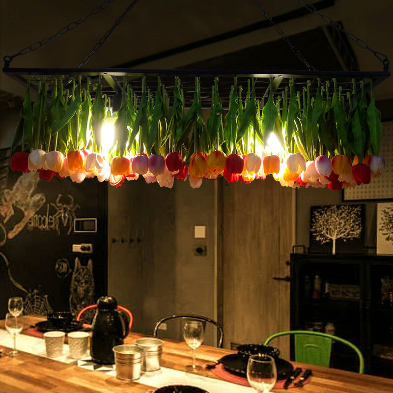 Industrial Metal Pendant Chandelier - Green 3-Light Tulip Led Hanging Fixture For Restaurants