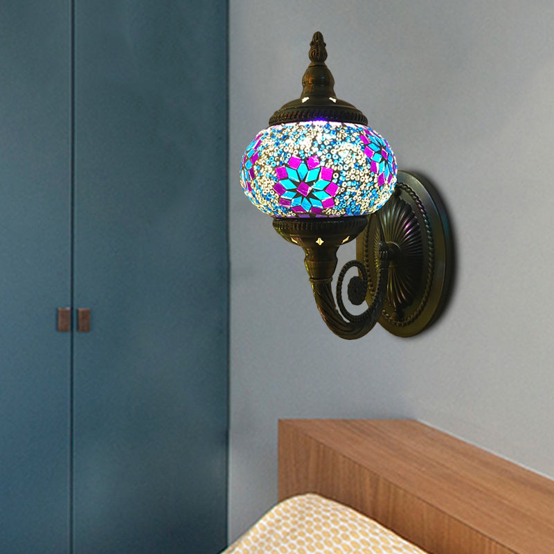 Colorful Stained Glass Orb Wall Sconce: Single Head Bedroom Light In Red/Orange/Blue Purplish Blue