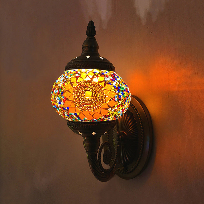 Colorful Stained Glass Orb Wall Sconce: Single Head Bedroom Light In Red/Orange/Blue Orange