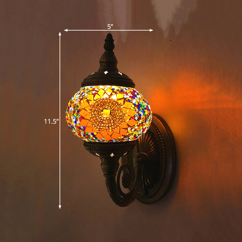 Colorful Stained Glass Orb Wall Sconce: Single Head Bedroom Light In Red/Orange/Blue