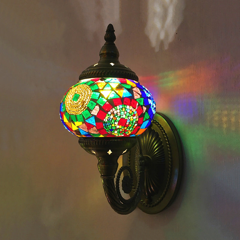 Colorful Stained Glass Orb Wall Sconce: Single Head Bedroom Light In Red/Orange/Blue Red