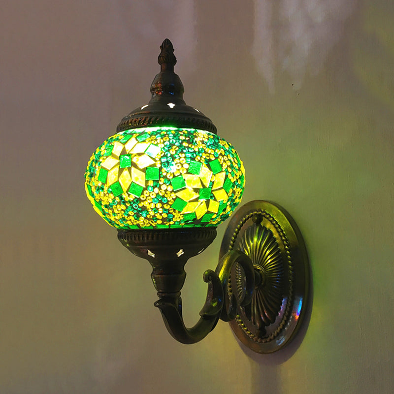 Colorful Stained Glass Orb Wall Sconce: Single Head Bedroom Light In Red/Orange/Blue Green