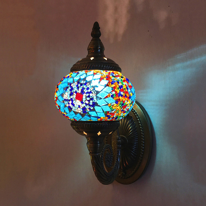 Colorful Stained Glass Orb Wall Sconce: Single Head Bedroom Light In Red/Orange/Blue Blue