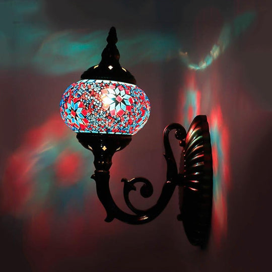 Colorful Stained Glass Orb Wall Sconce: Single Head Bedroom Light In Red/Orange/Blue Rose Red