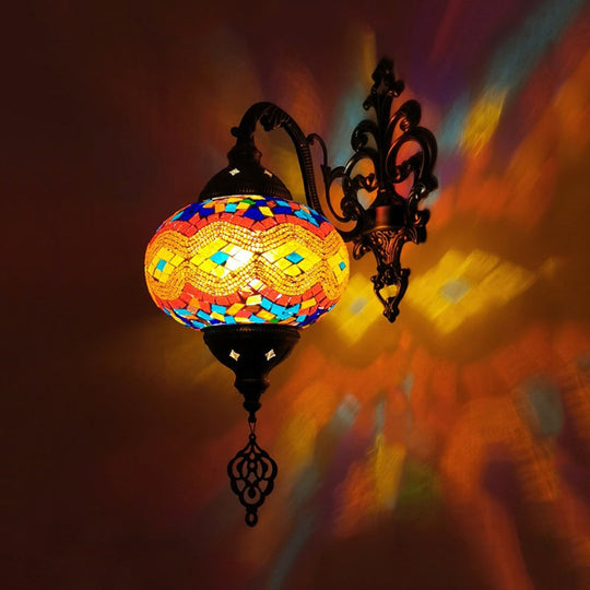 Stained Glass Wall Light With Moroccan Sphere Design - Vibrant Yellow/Orange/Green Perfect For