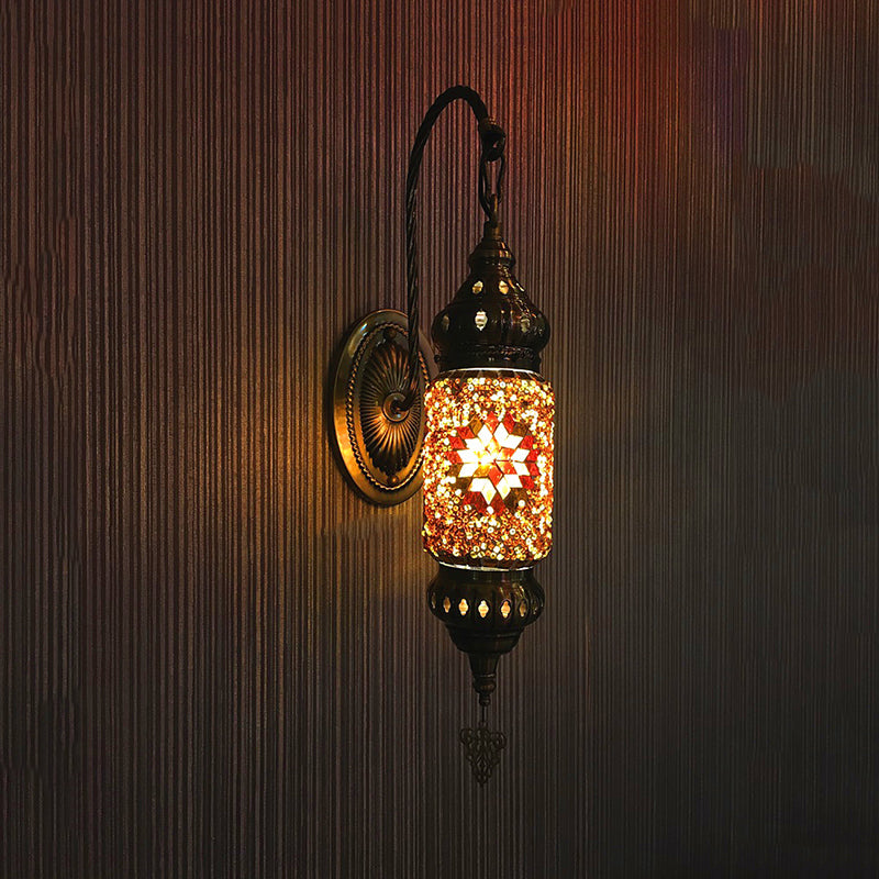 Moroccan Stained Glass Cylinder Sconce Light - Purple/Gold/Rose Red