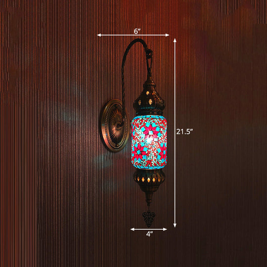 Moroccan Stained Glass Cylinder Sconce Light - Purple/Gold/Rose Red