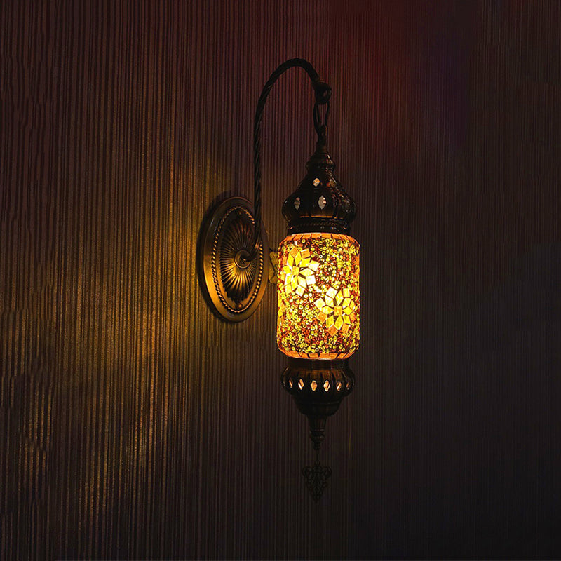 Moroccan Stained Glass Cylinder Sconce Light - Purple/Gold/Rose Red Gold