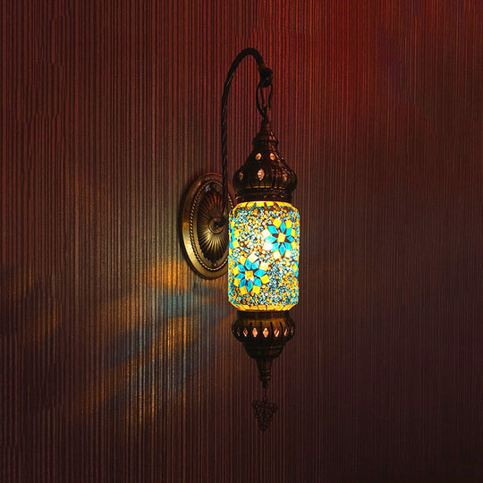 Moroccan Stained Glass Cylinder Sconce Light - Purple/Gold/Rose Red