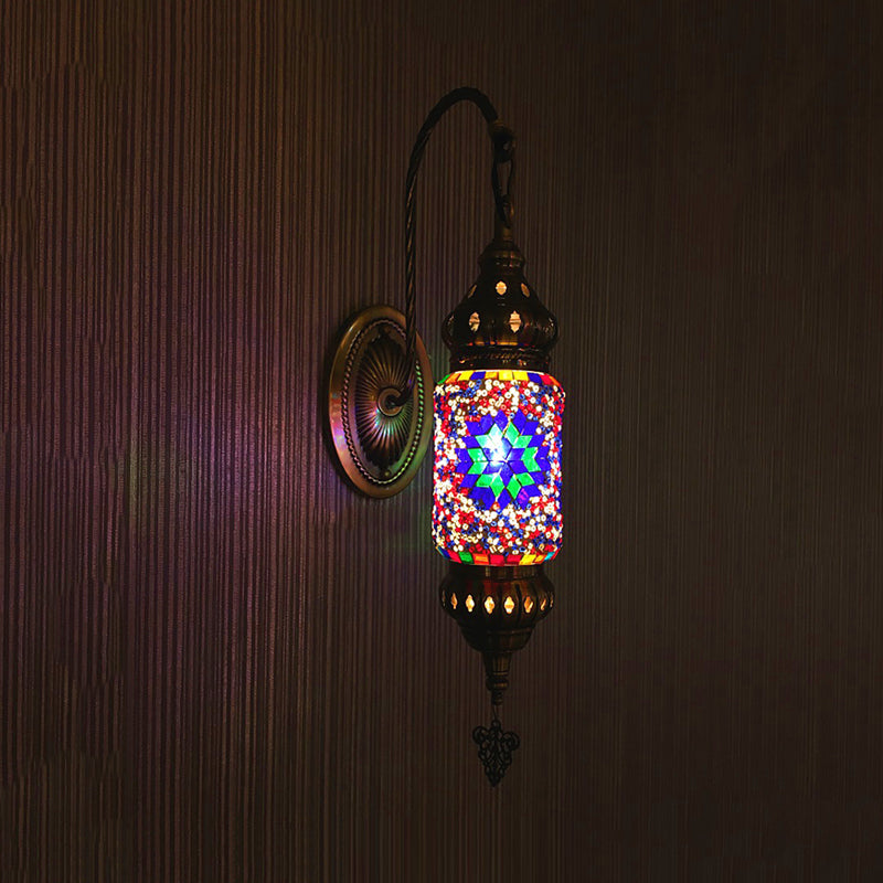 Moroccan Stained Glass Cylinder Sconce Light - Purple/Gold/Rose Red Purple