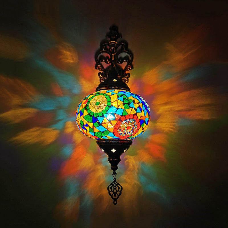 Vintage Stained Glass Globe Wall Sconce - Artistic Indoor Lamp With White/Red/Orange Lighting Green