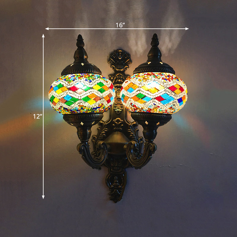 Stained Glass Ball Wall Sconce With Dual Head - Traditional Mount Light In White/Yellow/Sky Blue