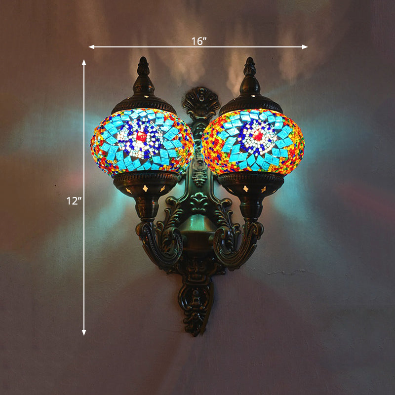 Stained Glass Ball Wall Sconce With Dual Head - Traditional Mount Light In White/Yellow/Sky Blue