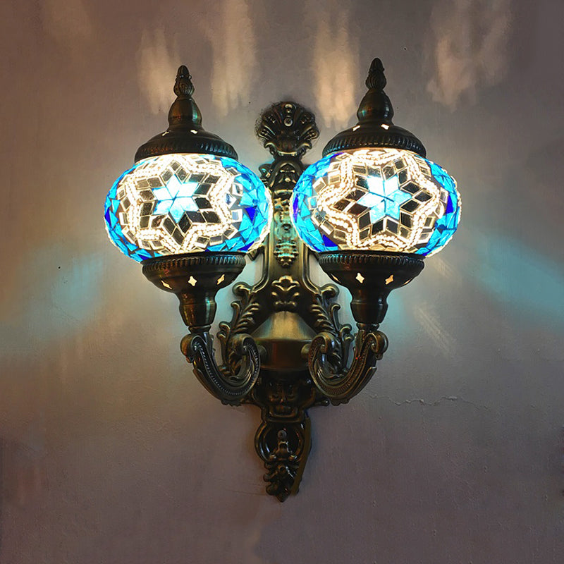 Stained Glass Ball Wall Sconce With Dual Head - Traditional Mount Light In White/Yellow/Sky Blue